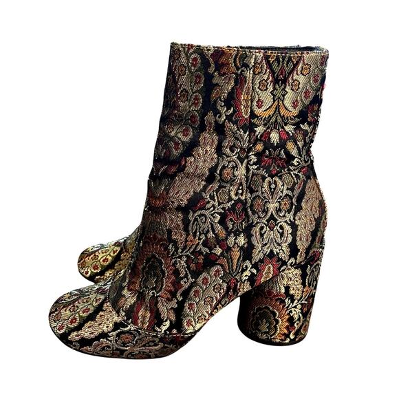 Topshop 7.5 Harry Jacquard Ankle Boots Embroidered Brocade Stack Heel Round Toe - Picture 1 of 9